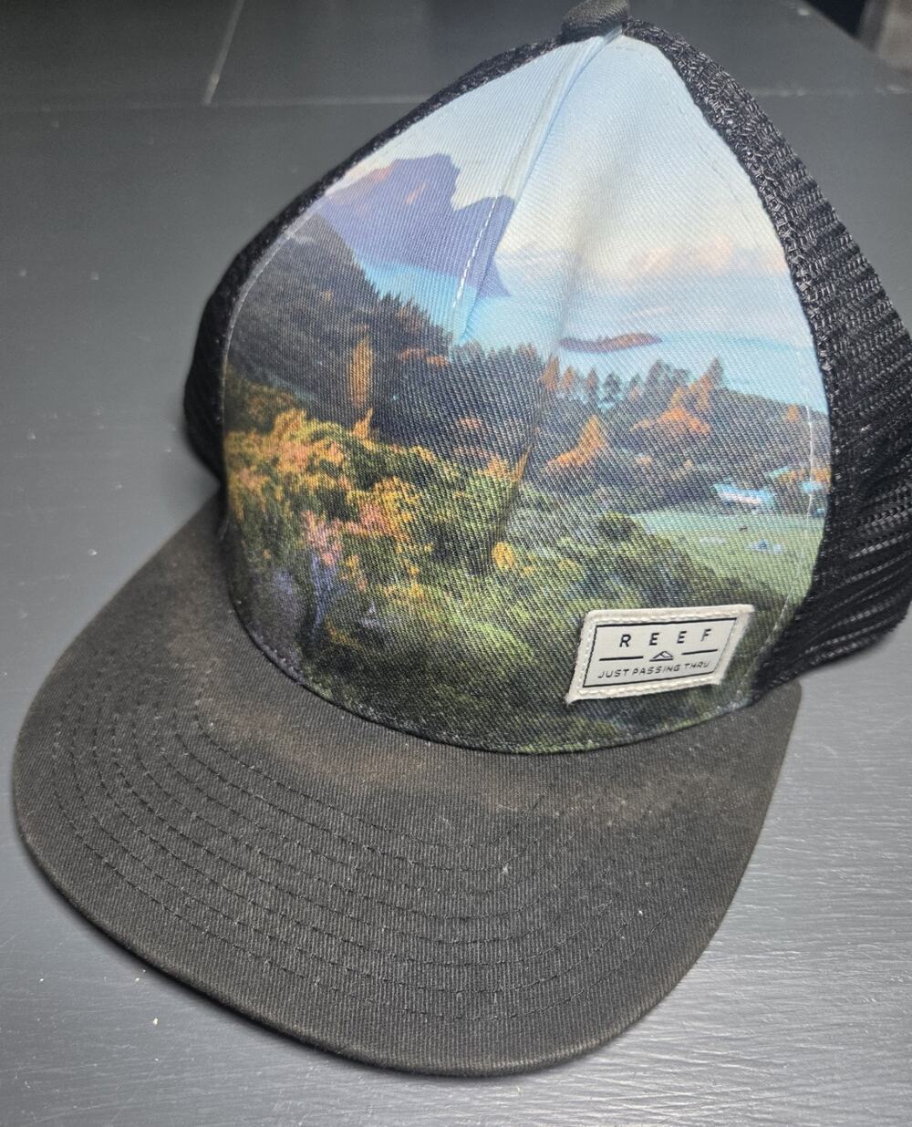 Reef Trucker Hat Snapback Black Scenic Landscape Print Mesh Adjustable Cap